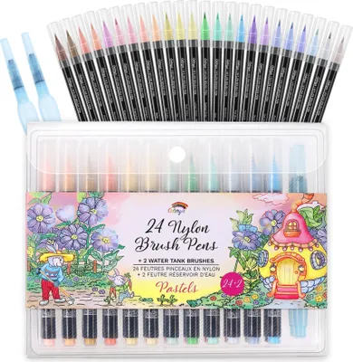 Produktbild von Colorya 24 Brush Pen Stifte Set - Pinsel Malstifte mit 2 Wassertankpinsel - 24er Filzstifte Set Pinselstifte mit Tragetasche - 24x Handlettering