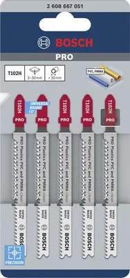 Zdjęcie produktu dla Ostrze do piły szabrowej T102H, przeznaczone do obróbki tworzyw sztucznych PVC i PMMA, o długości 100 mm, zestaw 5 sztuk.