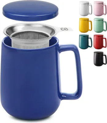 Produktbild von Teetasse mit Sieb und Deckel - Keramik Dunkelblau - Hält Lange warm - 500ml XXL Groß - Spülmaschinenfest