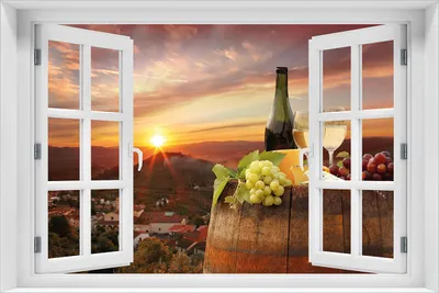 Produktbild von Wallario selbstklebendes Poster mit Fenster-Illusion - Wein Romantik - Weißwein mit Käse auf einem Fass, Größe: 61 x 91,50 cm