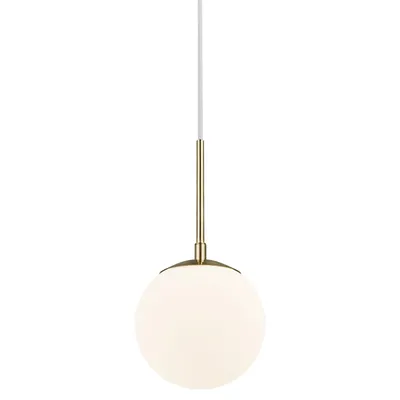 A single pendant light with a white globe shade and a gold stem, suspended against a white background.