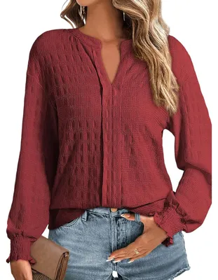 Produktbild von Damen Tunika Bluse V-Ausschnitt Langarm Casual Elegant Stilvoll Rot M