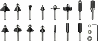 Productafbeelding van Professionele set frezen, gemengd assortiment, schacht 1/4 inch, 15-delig