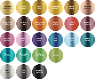 A collage of circular swatches displaying different colors and their names in German and English.