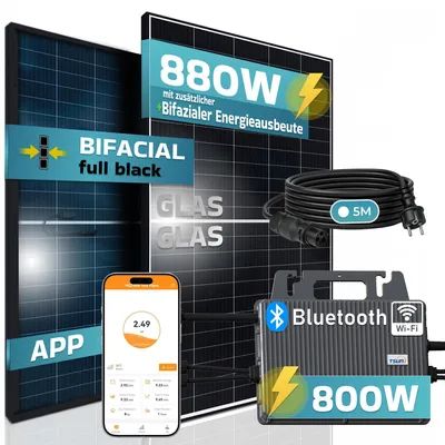 Produktbild von SUNNIVA® Balkonkraftwerk Black Frame BIFACIAL 880/800W Solaranlage, mit TSUN Micro Wechselrichter, 5m Kabel, upgradebar drosselbar