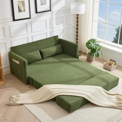Image de okwish Canapé convertible canapé 2 places modulaire fonction 2 en 1 canapé au sol canapé-lit avec coussin lombaire et 2 poches de rangement tissu côtelé vert