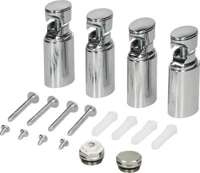 A set of chrome-plated radiator mounting brackets and screws on a white background.