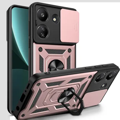 A rose gold and black phone case with a camera cover and ring holder, shown from multiple angles.