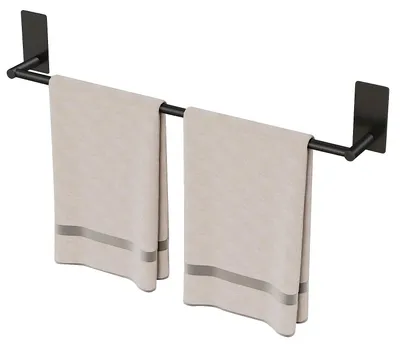 Image de Porte-serviettes sans perçage, noir, barre porte-serviettes autocollante, fixation murale, en acier inoxydable, pour salle de bain, cuisine, douche, 55 cm