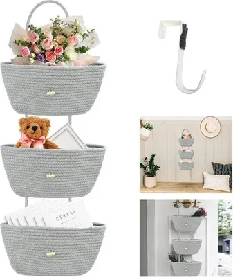 Produktbild von Unyqoos® THATSRAD Hänge-Organizer mit 3 Körben, Baumwoll-Seil, Wand- & Tür-Organizer, 110 cm, Körbe 38×18×9 cm, je bis 3,6 kg