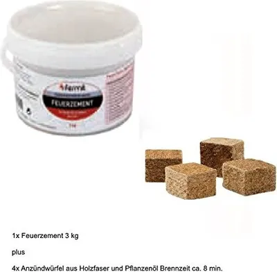 A white tub of fire cement and four fire starter cubes are shown against a white background.