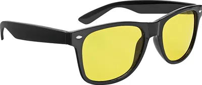 A pair of black-framed sunglasses with yellow lenses, shown from a side-front angle against a white background.