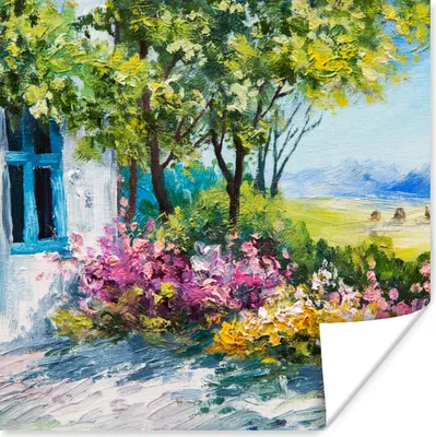 Produktbild von MuchoWow® Poster Malerei - Pflanzen - Blumen - Haus - Öl 50x50 cm - Wohnzimmerdekoration