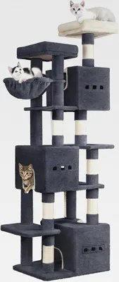 Produktbild von Kratzbaum Groß, 193 cm Hoch, XXL Katzenbaum, mit 7 Kratzsäulen, 3 Höhlen, 2 Plattformen, 2 Plüschbälle, Korb, Kletterseil, Mehrstöckiger Katzenkratzbaum, Dunkelgrau