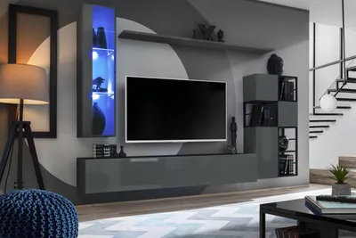 Produktbild von Designer Grau Wohnwand Hänge VitrineTV Ständer Komplett Hochglanz Sideboard