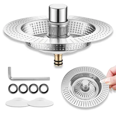 Immagine prodotto di Tappo per lavello da cucina, 3-in-1, pop-up, con filtro, diametro 76-85mm, set da 1, realizzato in acciaio inossidabile e ottone