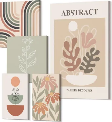 Obrázok produktu pre Obrazy Na Plátne – 5-Dielna Zostava – Polycanvas – Moderné Obrazy – Dekorácia Na Stenu – Do Obývačky – Abstraktné Obrazy – 2x 30x30 cm + 2x 20x30 cm + 1x 40x60 cm – Štýlové abstraktné rastlinné a geometrické vzory