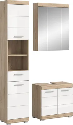 Productafbeelding van Badkamer set Lambada | wit hoogglans / licht eikenhout (Sonoma) | 3-delig