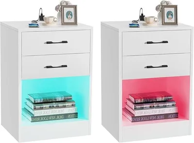 Image de Table de chevet blanche avec prise électrique et port USB, table de chevet LED, table de nuit avec 2 tiroirs et éclairage LED 16 couleurs, table d'appoint pour chambre, 40x35x60cm, blanche