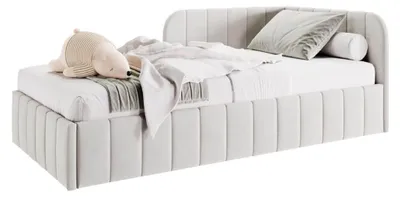 Produktbild von Bett Mario 90x200 cm, Polsterbett mit Metallrahmen, Jugendbett mit Bettkasten, Riviera-Stoff, Beige, Links