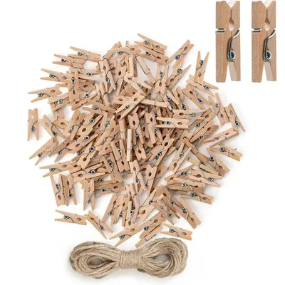 Produktbild von Holz- und Fotoklammern - 100er Set Wäscheklammern - Naturholz - Mit 10 m Juteschnur - Für Fotos/Deko - Hellgelb