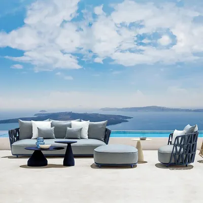 Produktbild von Geflochtenes Outdoor-Sofa 2er-Set – mit 1-Sitzer Sofa und 3-Sitzer Sofa, geeignet für Garten, Hof und Balkon, Blau