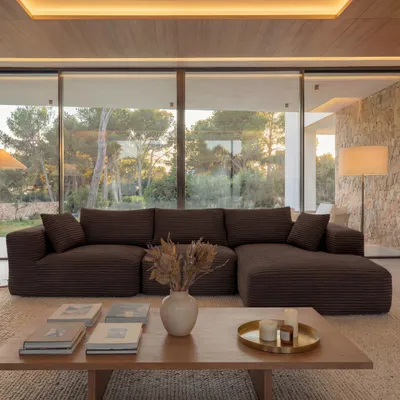 Immagine prodotto di Set di divani HWC-P20, divano lounge a 3 posti, tessuto/corda tessile (370 g/m²) superficie reclinabile destra ~ marrone