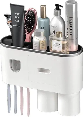 Produktbild von Famanu Wandhalterung für Zahnbürsten mit automatischer Zahnpastaspender - 2 Becher und Schublade für das Badezimmer