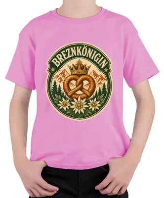 Productafbeelding van Brezenkoningin, Brezel-kroon, Alpen, Edelweiss, Beierse lederhosen, Dirndl, Kinder T-shirt, Roze, Maat 152