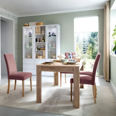 Produktbild von Esszimmer Set in weiß und Eiche FORTALEZA-129 4-teilig mit Ausziehtisch 140-180cm