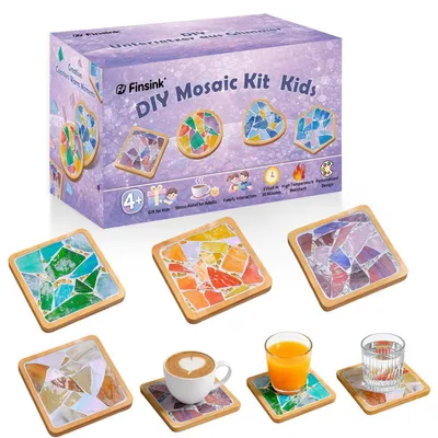 Immagine prodotto di Kit per mosaico, 4 sottobicchieri in legno, ideale per bambini dai 4 anni in su, fai da te