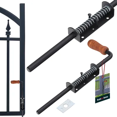 Two black metal gate latches with wooden handles are shown against a white background. One latch is attached to a section of a black gate.