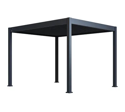 A black aluminum pergola with a slatted roof, shown from a front-side angle against a white background.