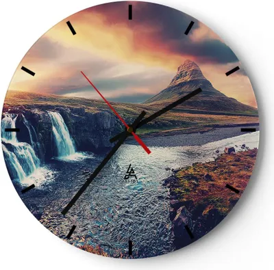 Produktbild von Wanduhr - Rund - Glasuhr - Wasserfall Himmel Berg - 40x40cm - Schleichendes Uhrwerk - Lautlos - zum Aufhängen bereit - Dekoration Modern - Wanddekoration aus Glas - C3AR40x40-5111