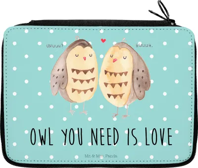 Produktbild von Mr. & Mrs. Panda Schreibmappe Eulen Liebe - Türkis Pastell - Geschenk, Etui, Bleistiftetui, glücklich, Federmäppchen, Federtasche, Eule, Stifte, Liebesspruch