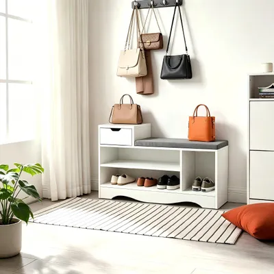 Produktbild von MYMAI Schuhbank mit Sitzkissen, 3 Aufbewahrungsfächern und 1 Schublade, ideal für den Eingangsbereich, Maße 80 x 30 x 52 cm