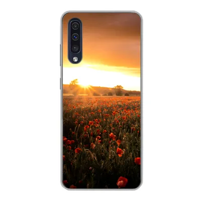 Produktbild von MuchoWow® Handyhülle Schutzhülle Hülle für Samsung Galaxy A30s Sonnenuntergang über den Mohnblumen in England Silikon Softcase Handy Hülle - Karteninhaber