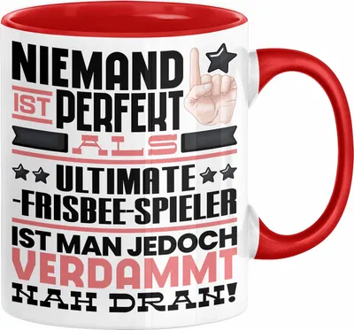 Produktbild von Ultimate-Frisbee-Spieler Geschenk Tasse Lustige Geschenkidee für Ultimate-Frisbee-Spieler Geburtstag Kaffee-Becher Niemand Ist Perfekt Aber Als Ultimate-Frisbee-Spieler Ist Man Nah Dran (Rot)