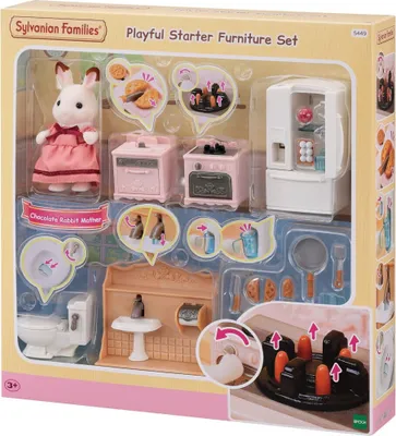 Produktbild von Sylvanian Families Puppenhaus-Einrichtung Komplettset Modell 5449, mehrfarbig, 32 x 18.3 x 23.5 cm, 27-teilig, mit beweglichen Möbeln (Eiswürfelmaschine, Herdflammen, Wasserfunktion), inkl. Schokoladenhasen Mutter Figur, aus PVC, Polystyrol, TPE.