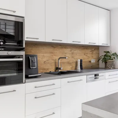 Produktbild von Dedeco Küchenrückwand Motiv: Holz V5, 3mm Aluminium Alu-Platten als Spritzschutz Küchenwand Verbundplatte wasserfest, inkl. UV-Lack glänzend, alle Untergründe, 260 x 60 cm