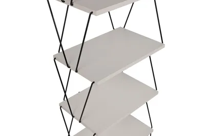 A close-up view of a white, multi-tiered shelf unit with black wire supports, set against a white background.