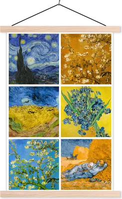 Produktbild von MuchoWow® Textilposter Van Gogh - Collage - Sternennacht 120x180 cm mit holzfarbenen Rahmen - Textil-Plakat