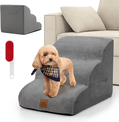 Produktbild von COSTWAY Hundetreppe 3 Stufen, rutschfeste Hundestufe aus Schaumstoff, 30 kg belastbar, Haustiertreppe für Hunde Katzen, Katzentreppe Abnehmbar, Hunde Treppe für Sofa Bett, Waschbarer Bezug (Grau)