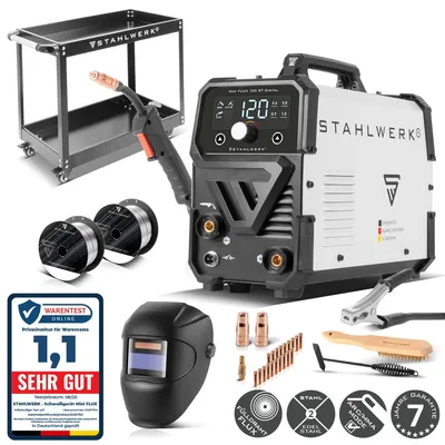 Produktbild von STAHLWERK Schweißgerät Mini FLUX 120 ST Digital – Vollausstattung mit Gerätewagen – Fülldrahtschweißen ohne Gas bis 120 A, Lift-TIG- & MMA-Funktion, KI-generiertes Bild