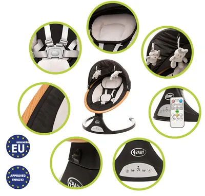 Zdjęcie produktu dla 4 BABY | Rock'n Relax 2024 - elektryczna huśtawka dla dziecka do 9 kg, 5 prędkości, muzyka, timer, USB, pilot, lekka i kompaktowa - czarna