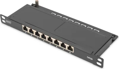 Produktbild von Digitus CAT 6A Slim Patch Panel, geschirmt, 8-Port, 0,5 HE, 10", schwarz, 10GBase-T, 10 Gigabit Ethernet, 10000 Mbit/s, RJ-45, Cat6a, 22/26