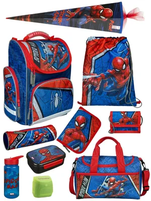 Produktbild von Spiderman Schulranzen 1. Klasse ergonomischer Tornister in Blau 10tlg. Set mit Sporttasche und Schultüte / Zuckertüte