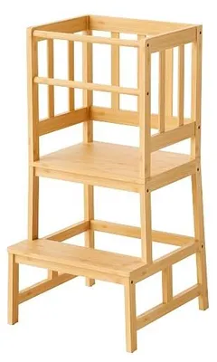 Imagen del producto de Silecomplaza: Silla alta para niños tipo torre de aprendizaje, 46 x 46 x 90 cm, fabricada en bambú. Incluye barandilla y barra de seguridad