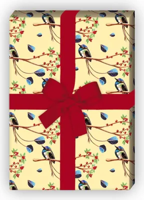 Produktbild von Edles gemaltes Geschenkpapier mit exotischen Vögeln, gelb - G8072, 32 x 48cm