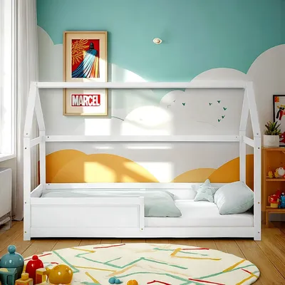 Produktbild von Homestyle4u Kinderbett Weiß Hausbett mit Rausfallschutz 90x200 cm Bodenbett Montessori Bett